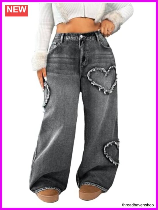 Denim - High Waisted Wide Leg Distressed Heart Pattern Jeans Stretch Denim
